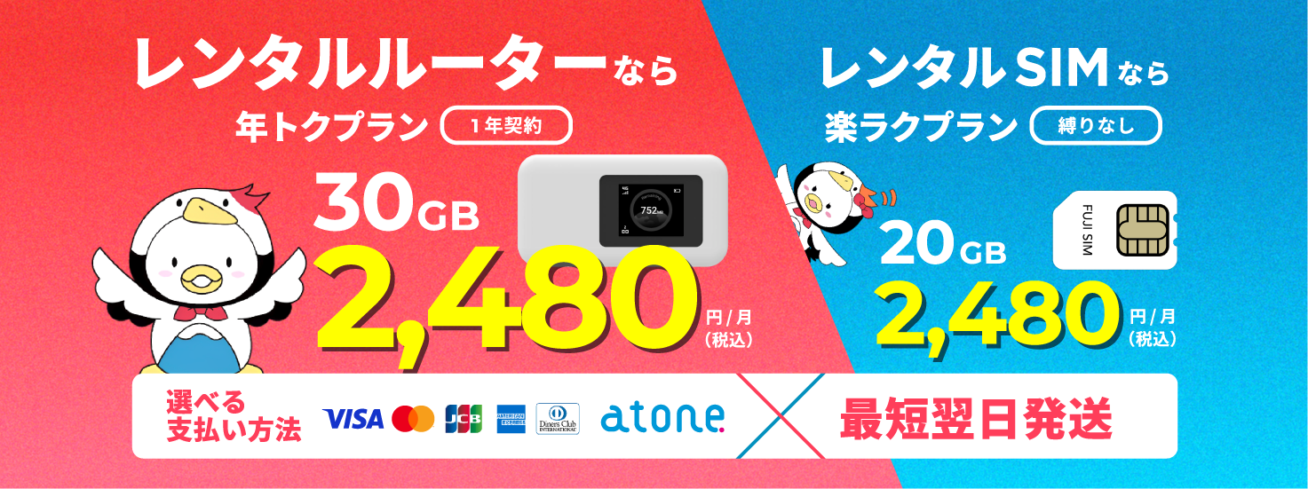 レンタルルーターなら年トクプラン(一年契約)30GB 2,480円/月(税込)。レンタルSIMなら楽ラクSIMプラン(縛りなし)20GB 2,480円/月(税込)。選べる支払い方法。最短翌日発送。